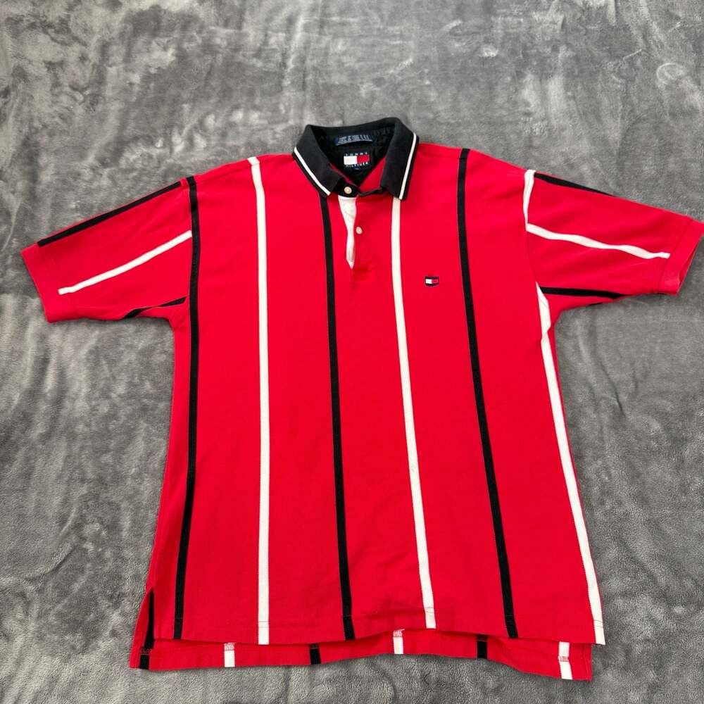 Tommy Hilfiger Polo Shirt Mens Large Short Sleeve Red Gray Tan Short Sleeve